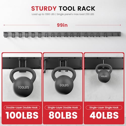 ENJOYWOOD Garage Tool Organizer Wall Mount 1380 lbs Load Capacity 99 Inch Heavy Duty Modular Storage System with 6 Panels and 18 Hooks for Garden Tool Storage - size: 99in | 6Panels + 18Hooks