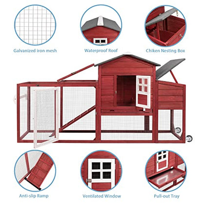 PetsCosset 79" Wooden Chicken Coop Rabbit Cage with Nesting Box, Waterproof Roof, Removable Tray, Combinable - color: Hen house-Red, size: 75.0"L x 26.0"W x 39.0"H