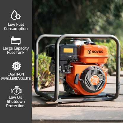 NOVUS 2-inch Semi Trash Pump, 212cc 4 Cycle Engine, 141 GPM 100ft Lift 23ft Suction, Gas Powered Water Pump for Pond Pool Draining Gardening Irrigation,EPA Certified - size: 2" Semi Trash Pump