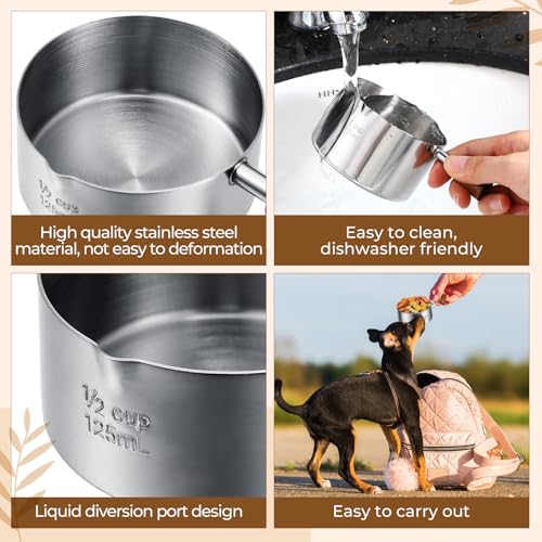 SiliFine 3 Pcs Dog Food Scoop 1 Cup, 1/2 Cup, 1/4 Cup Stainless Steel Pet Food Scoop Measuring Cup with short Handle for Dog Cat Rabbit Food Feeding Kitchen Gadget Utensil