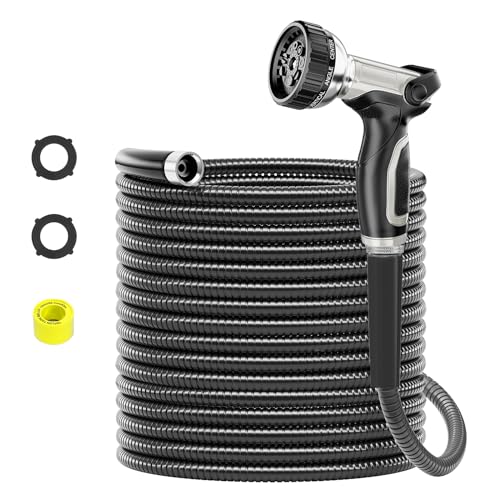 SPECILITE 50ft 304 Stainless Steel Garden Hose Metal, Heavy Duty Water Pipe with Nozzles for Yard, Outdoor - Flexible, Never Kink & Tangle, Puncture Resistant (Black) - color: Black, size: 50 ft