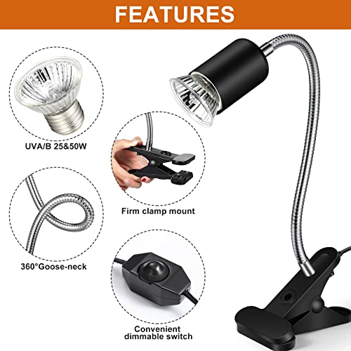 3 Set Reptile Heat Lamp UVA/UVB Turtle Heat Lamp Holder Fixture Clamp Basking Spot Adjustable 50w Full Spectrum Sun Sunbathe Bulb for Turtle Lizard Bearded Dragon Snake Aquarium Amphibian(Black) - color: Black