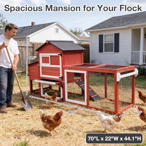 Large Mobile Chicken Coop Wooden with Wheels, Expandable Outdoor Chicken House with Nesting Box & Pull-Out Tray, Easy-Clean Poultry Coop for 2–3 Chickens & Ducks - color: Red