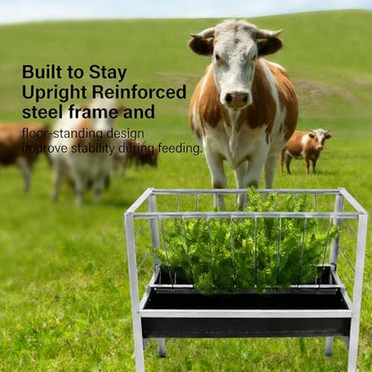 2-in-1 Livestock Feed Trough for Goats,Sheep,Sheds, 40''Large Capacity Hay and Grain Feeder, Heavy Duty Galvanized Steel, Anti-Tip Floor Standing Feeder for Farm Use