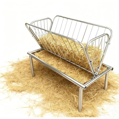 Large Capacity Heavy Duty Galvanized Steel Hay Feeder for Horses with 6Inch Deep Extra Wide Feed Pan, 2-In-1Design Hay Feeder for Goats, Horse, Calf Farm Feeding
