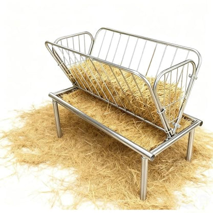 Large Capacity Heavy Duty Galvanized Steel Hay Feeder for Horses with 6Inch Deep Extra Wide Feed Pan, 2-In-1Design Hay Feeder for Goats, Horse, Calf Farm Feeding