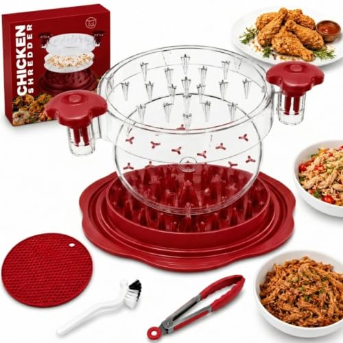 Premium Large Chicken Shredder Tool with Suction Base 2026 – Twist Meat Shredder with Ergonomic Handle & Anti-Slip Grip – Transparent Lid for Easy Shredding Chicken & Beef (Red) - color: Red-