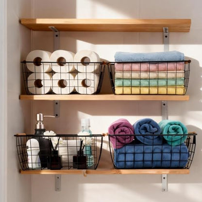 Black 2PCS Wire Storage Baskets with Wooden Handles - Organizing Pantry and Kitchen Cabinets - Metal Wire Food Storage Basket - color: Black 2PCS