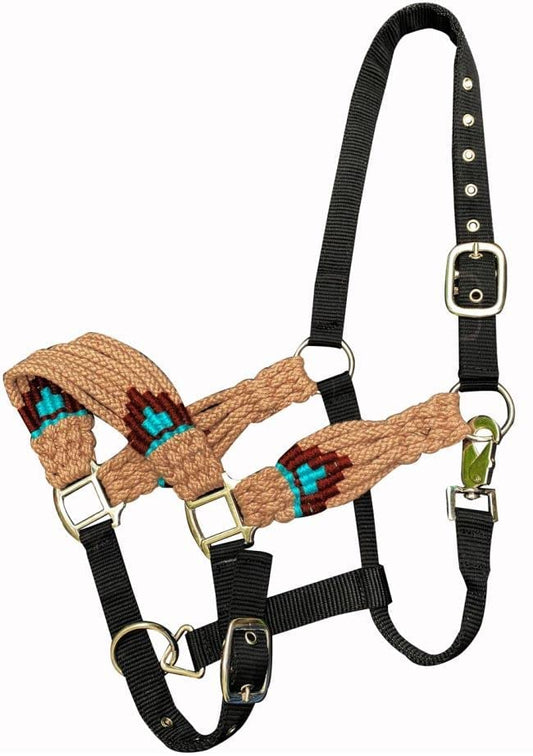 Showman Nylon Bronc Halter w/Tan & Teal Multi-Strand String Nose