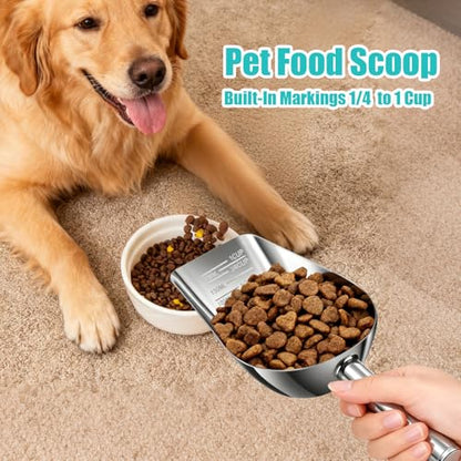 AIERSA Pet Food Scoop & Measuring Cup for Dogs & Cats, Stainless Steel Dog Scoop1 ¾ / ½ / ¼ Cup with Multi-Unit Markings for Precision Feeding, Easy-Clean Metal Food Storage