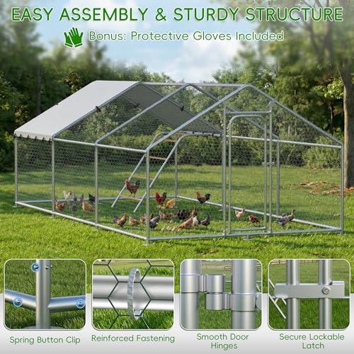 Large Metal Chicken Coop with Roosting Perch, Waterproof and UV-Resistant Cover,Outdoor Walk-in Cage Hen House for Yard Farm Rabbit Duck Chicken Run with Spire Roof (10'W x 19.7'L x 6.4'H) - size: 236.2"L x 118.0"W x 78.0"H