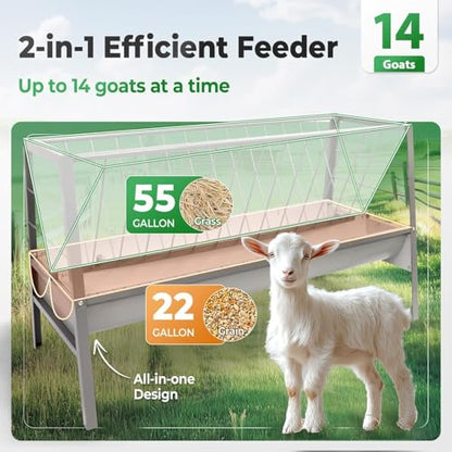 Pasture Hay Feeder 2 in 1 55 Gallon Livestock Feed Trough with 22 | Gallon Feed Pan Hay Grain Livestock Feeder for Sheep, Calf, Cow and Horse - color: Silvery
