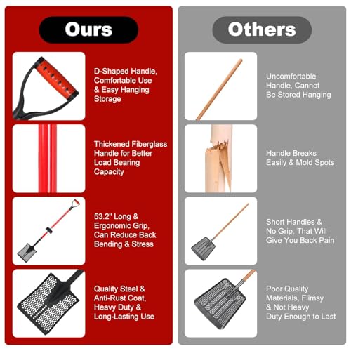 Sifting Shovel, Heavy Duty Sand Sifter Shovel with Ergonomic Grip for Beach, Farm and Garden, Chicken Coop Poop Scooper - 53.2 inch
