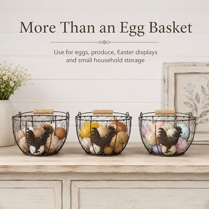 3 Pack 8 Inch Egg Basket for Gathering Fresh Eggs, Farmhouse Wire Holder with Wood Handle, Rustic Metal Round Countertop Storage with Rooster Pattern for Chicken Coop, Kitchen and Pantry