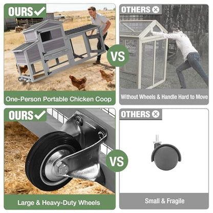 Mobile Chicken Coop with Wheels for 4-6 Chickens, Large Wooden Hen House Expandable Duck Cage with Run, 2 Nesting Boxes, Easy Clean Pull-Out Tray, Waterproof Asphalt Roof (Grey) - size: 80.6"L x 26.6"W x 42.4"H