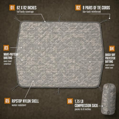 USGI Industries Military Woobie Blanket | Thermal Insulated Camping Blanket, Poncho Liner | Large, Portable, Water-Resistant, for Hiking, Survival | Compression Carry Bag - color: Acu