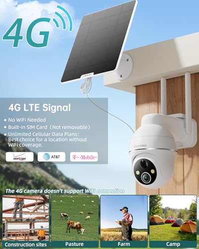 ZUMIMALL 4G LTE Cellular Security Camera, No WiFi Outdoor Camera Wireless, Solar Powered Off Grid Cameras, 360° Live View, 2K Color Night Vision, PIR Motion Sensor, 2 Way Talk, Built in SIM Card - color: White - 4G LTE Solar Cam