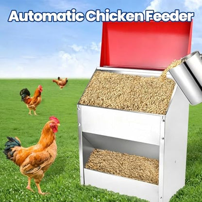 Haofy Galvanized Wall Mount Chicken Feeder with Lid Weatherproof Automatic Poultry Feeder Trough Food Dispenser for Outside Coop 10lbs No Waste