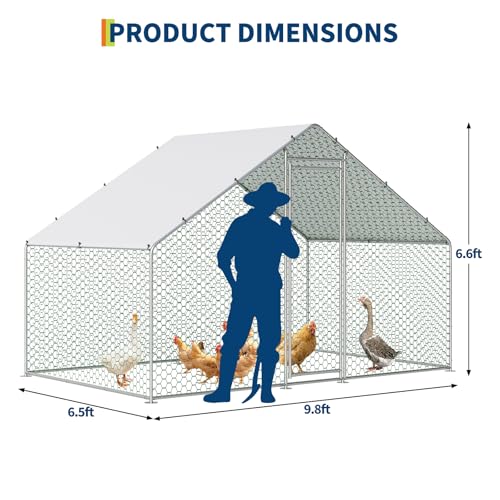 IDEALHOUSE Walk-in Chicken Run Pen, Galvanized Steel Frame, Waterproof and UV-Resistant Cover, Spire Roof, 10 x 6.5 ft Outdoor Poultry Enclosure for Chickens Ducks Rabbits - size: 9.8*6.5*6.6ft