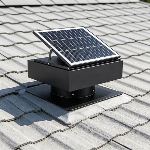 60W Solar Attic Fan, 14 Inch 2500 CFM Solar Powered Roof Exhaust Fan, Controller-Free Auto Ventilation, Heavy-Duty Copper Motor Weatherproof Vent for Home, Garage, Greenhouse, Shed - color: Black+Square 5