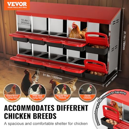 VEVOR Chicken Nest Box, 10-Compartment, 30 to 45 in Stable & Corrosion-Resistant Mental Nesting Boxes with Inclined Nesting Boxes, Bottom Holes & Resting Platform, Fit for Different Chicken Breeds - size: 51.9"L x 20.6"W x 31.1"H
