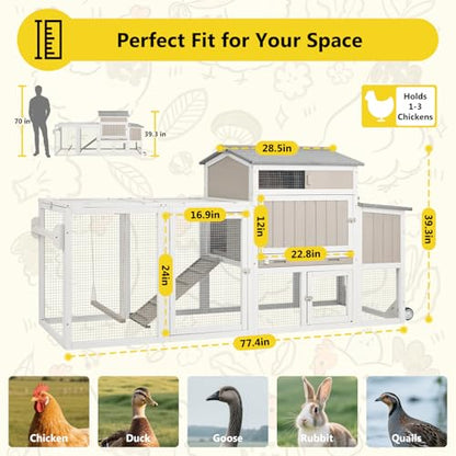 78" Wooden Chicken Coop with Nesting Box, Poultry Cage with Wheel Leak Proof Pull-on Tray and Asphalt Waterproof Roof, Hen House for Garden Backyard Farm - color: Grey, size: 25.6"L x 39.4"W x 77.4"H