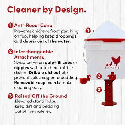 RentACoop Chick2Chicken 10lb Feeder & 2 Gal Waterer Set with Gravity Feed Refill & Auto-Fill Cups, Horizontal Nipples - BPA-Free Food & Water Buckets for Up to 20 Chicks or 12 Adult Chickens - size: Set with Nipples and Auto-Refill Cups