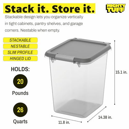Mighty Tuff 20 lb Dog Food Container with Secure Lid Clasp, Airtight Cat Food Storage Bin, Clear Plastic Pet Food Storage Container with Lid for Kitchen Pantry Organization