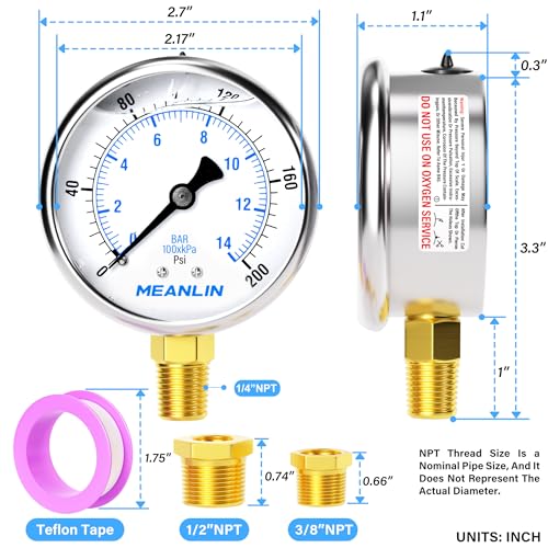 MEANLIN MEASURE 0~200Psi Stainless Steel 1/4" NPT 2.5" FACE DIAL Liquid Filled Pressure Gauge WOG Water Oil Air Lower Mount, with 1/2" NPT and 3/8" NPT Hex Bushing - size: 0-200Psi