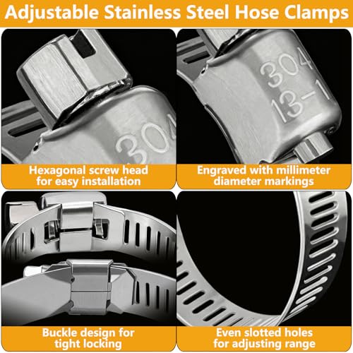 40 Pack Adjustable Stainless Steel Hose Clamps, 10-70mm Worm Gear Duct Pipe Clamp, Heavy Duty Metal Fuel Line Radiator Hose Clamps Kit for Plumbing, Automotive, Industrial, Garden, Indoor&Outdoor Use - size: 40 Pcs Kit - Hose Clamp (10-70 mm)