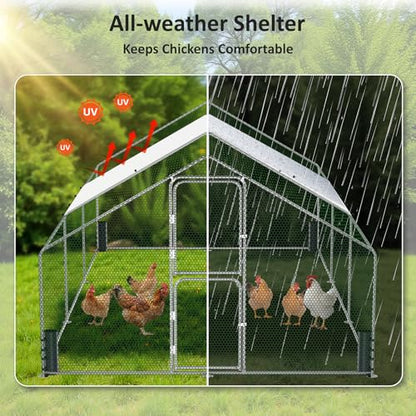 Large Metal Chicken Coop, Walk-in Chicken Run with Feeding Door, Security Lock and Cover, Outdoor Duck/Rabbit Cage Poultry Pen for Backyard, Farm, Yard (Silver - Spire Roof, 19.6 x 9.8 x 6.6 FT) - size: 235.0"L x 118.1"W x 78.8"H