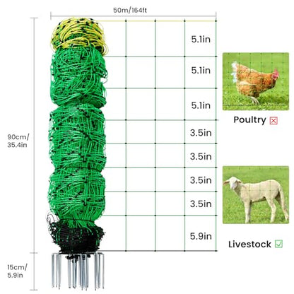 Electric Fence Netting, 164'L x 35.4" H Movable Livestock Nets for Sheep, Hogs, Cattle, PE Net Fencing Kit with 14 Posts Double Spiked, Electric Fencing for Backyards, Homesteaders, Farms Ranches - size: 164'L x 35.4" H