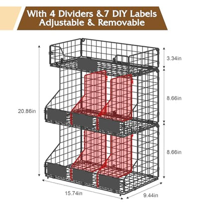 X-cosrack Egg Holder Countertop, 3 Tier Egg Rack with Labels Dividers to Separate Eggs, Stackable Wire Baskets for Fresh Egg, XXL Egg Dispenser for Countertop/Wall-Mounted (Patent Pending) - color: Black
