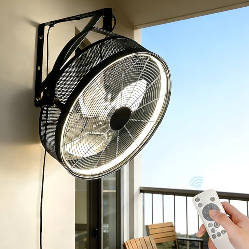 AHAWILL 20" Wall Mounted Fan with Lights, 360° Adjustable Tilt,Garage Wall Mount Fan with Remote&APP, Plug in Wall Fan,6-Speed&Reversible Gazebo Fan,3CCT Dimmable&Timer for Toolroom,Patio,Warehouse