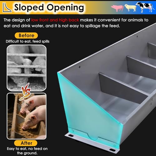 Hanging Heavy Duty Stainless Steel Livestock Feed Trough, 2-in-1 Sloped Opening Fence Feeder for Goats Pigs Sheep Cattle, Easy to Eat - size: 79 inch Long with 10 Bit