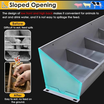 Hanging Heavy Duty Stainless Steel Livestock Feed Trough, 2-in-1 Sloped Opening Fence Feeder for Goats Pigs Sheep Cattle, Easy to Eat - size: 79 inch Long with 10 Bit