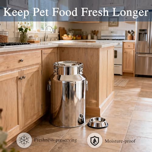 25 Lbs Stainless Steel Dog Food Storage Container with Scoop, Large Metal Dog Food Bin with Airtight Lid & Locking Clamp, Pet Food Container for Dogs & Cats, Keep Fresh, Easy to Clean - size: 25 Lbs