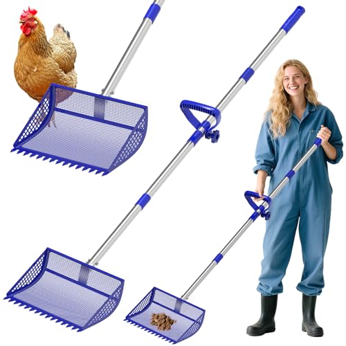 Chicken Poop Scooper Rake 2-in-1,304 Stainless Steel Shovel Head, Chicken Litter Scoop with Handle for Chicken Coop for Sand, Pet Waste Cleaning, Litter Sifting Shovel (35 to 65") (Blue, 12inch) | Chicken Poop Scooper - color: Blue, size: 12inch