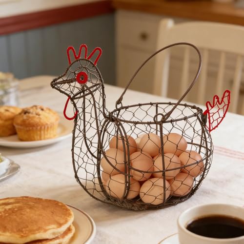 Rustic Wire Egg Basket with Handle, Rooster Chicken Shaped | Metal Construction, Holds 15-30 Eggs, Farmhouse Countertop Decor, Chicken Coop, Easter and Gift