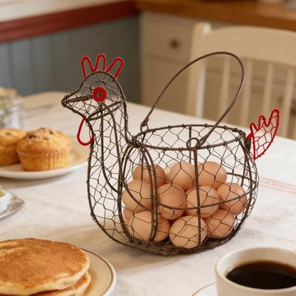 Rustic Wire Egg Basket with Handle, Rooster Chicken Shaped | Metal Construction, Holds 15-30 Eggs, Farmhouse Countertop Decor, Chicken Coop, Easter and Gift