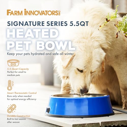 Farm Innovators Heated Pet Water Bowl, 60W Heated Water Dish - 5.5 Quart Stainless Steel Watering Station with Anti-Chew Cord Protector for Dogs & Cats