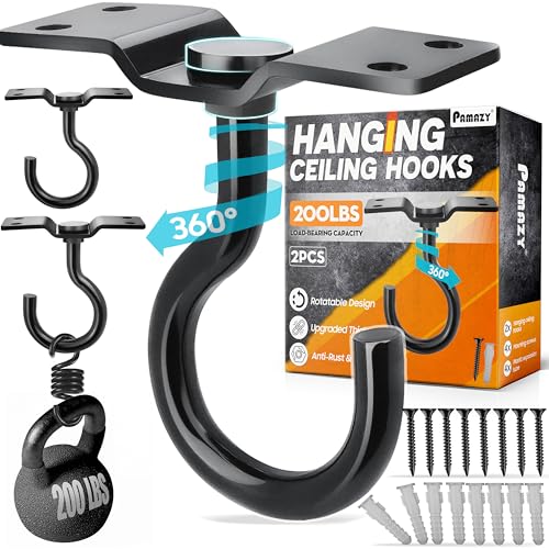 [UPGRADED] 2Pcs 200LBS Rotatable Ceiling Hooks with 4 Screw Points Base, Wall Mount Metal Hanger Black Ceiling Hook for Hanging Plant, Bird Feeder, Lights, Bed Canopy, Wind Chime, Indoor Outdoor Decor - style: 2PCS