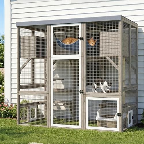 Catio Outdoor Cat Enclosure Large Walk-in Cat House with Flat Roof and Multi-Level Platforms, Cat Hammock & Litter Box Shelf, Elevated Wooden Cat Shelter for Multiple Cats, Backyard Patio Garden - size: 61.5"L x 34"W x 57.5"H