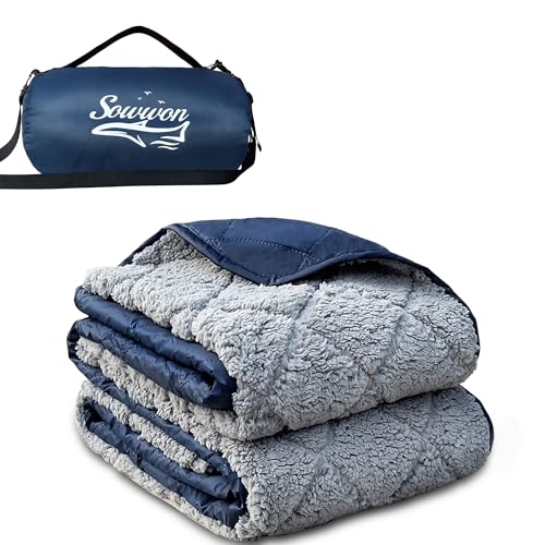 Waterproof Outdoor Blanket 62"x51" Sherpa Fleece 300GSM Navy | Stadium Blankets for Camping, Packable, Windproof Emergency Throw for Grass Picnic Hiking Road Trip, Machine Washable - color: Sherpa Navy-300 Gsm, size: 62"x 51"