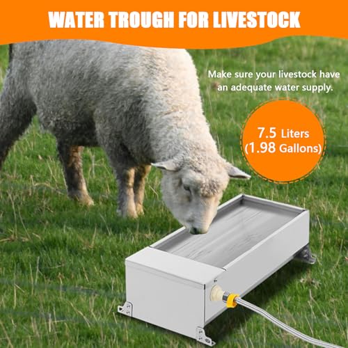 7.5L Water Trough for Livestock Self Filling Drinking Bowl with Float Valve & 3.28ft Hose 304 Stainless Steel Water Tank for Horse Goat Pig Cow Deer, Silver, Easy to Clean