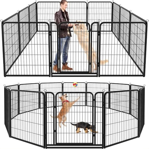 Kfvigoho Dog Playpen Outdoor Extra Wide 12 Piece Panels Heavy Duty Dog Fence 47" Height Anti-Rust with Doors Portable for RV Camping Yard, Total 32FT, 79 Sq.ft, Snowy Black - style: 32"W x 47"H