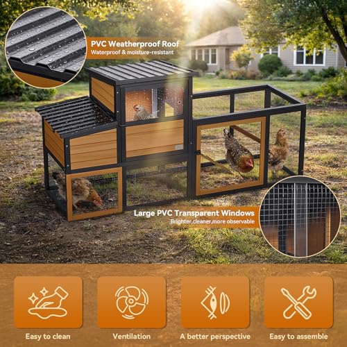PETSFIT Wooden Chicken Coop for 2-4 Chickens, Backyard Coop with Run, 2 Nesting Boxes and 2 Roost Bars,PVC Windows, Easy-Clean 3-Door Access,Weather-Resistant PVC Roof, 6 Ground Stakes - color: Brown
