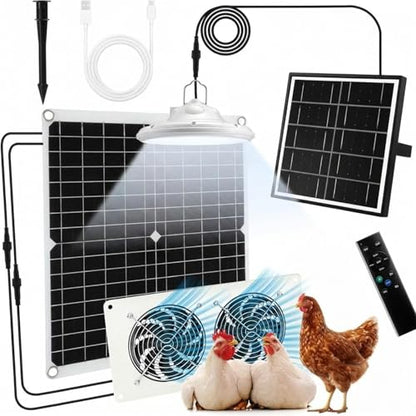 2 Set Solar Fan for Chicken Coop with Shed Light, 25W Panel Dual Exhaust Vent Kit, Waterproof 12V Solar Powered Ventilation System with Timer for Greenhouse, Pet House