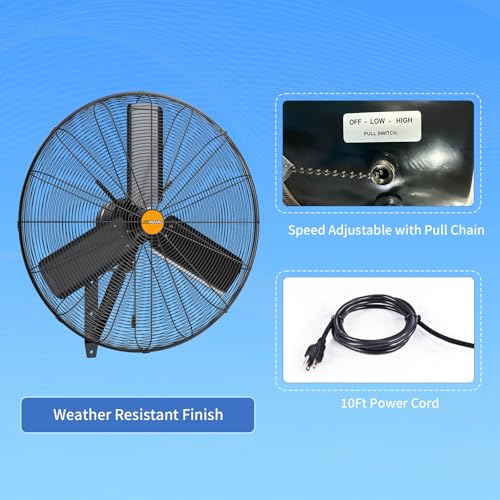 24 inch Outdoor Oscillating Wall Mounted Fan, High Velocity IPX4 Waterproof 7350 CFM Industrial Metal Wall Fan, 2 Speed, Adjustable Tilt, for Greenhouse, Patio, Garage, Workshop - size: 24inch-outdoor