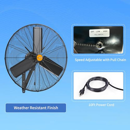 24 inch Outdoor Oscillating Wall Mounted Fan, High Velocity IPX4 Waterproof 7350 CFM Industrial Metal Wall Fan, 2 Speed, Adjustable Tilt, for Greenhouse, Patio, Garage, Workshop - size: 24inch-outdoor